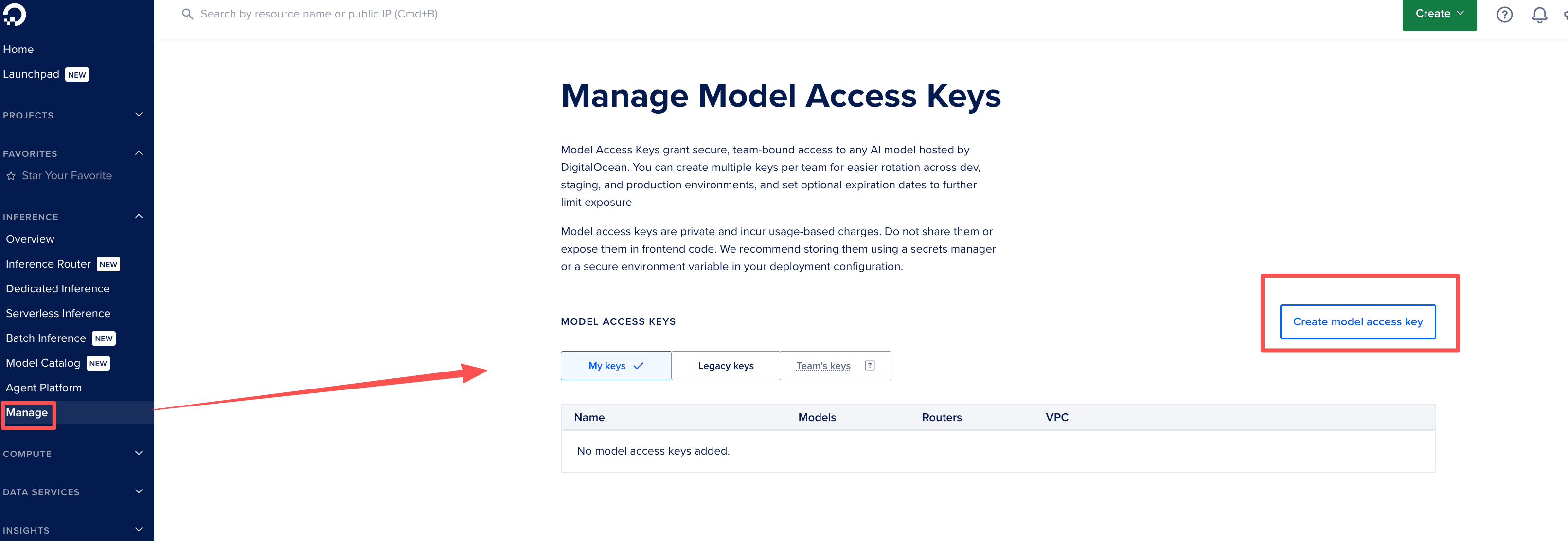 图:在DigitalOcean后台创建无服务器推理的Access Key